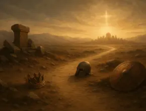 The 400 silent years a symbolic desert road stretches from the ruins of an ancient altar toward a distant golden city. Along the road lie a Persian crown, a Greek helmet, and a Roman shield. Above the horizon, a faint cross-shaped light shines in the sky, symbolizing history leading to Christ.
