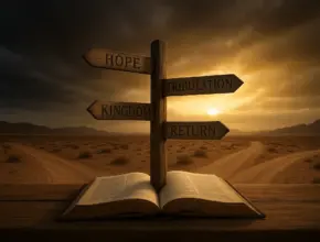 From the blog post Different views of the endtimes a dramatic photo-realistic scene of a desert crossroads at sunset, with four wooden signposts labeled Hope, Tribulation, Kingdom, and Return. An open Bible rests at the base of the sign, while golden light breaks through dark clouds above, symbolizing guidance and the variety of endtimes interpretations.