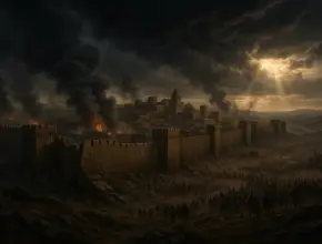 From the old testament prophecies a photo-realistic landscape of Jerusalem under siege with cracked city walls, enemy armies surrounding, smoke rising, and dark storm clouds breaking with light.