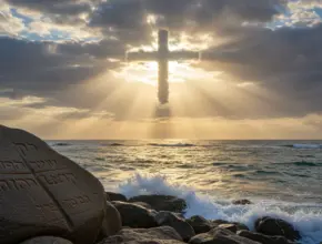 Photo-realistic coastal scene with ancient stones and sunlight forming a cross, representing peace and trust in God’s plan for the signs of the end times.